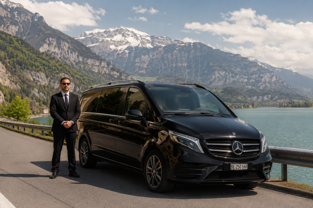 Gstaad Chauffeur Services in der Schweiz mit Blick auf die Alpen.
